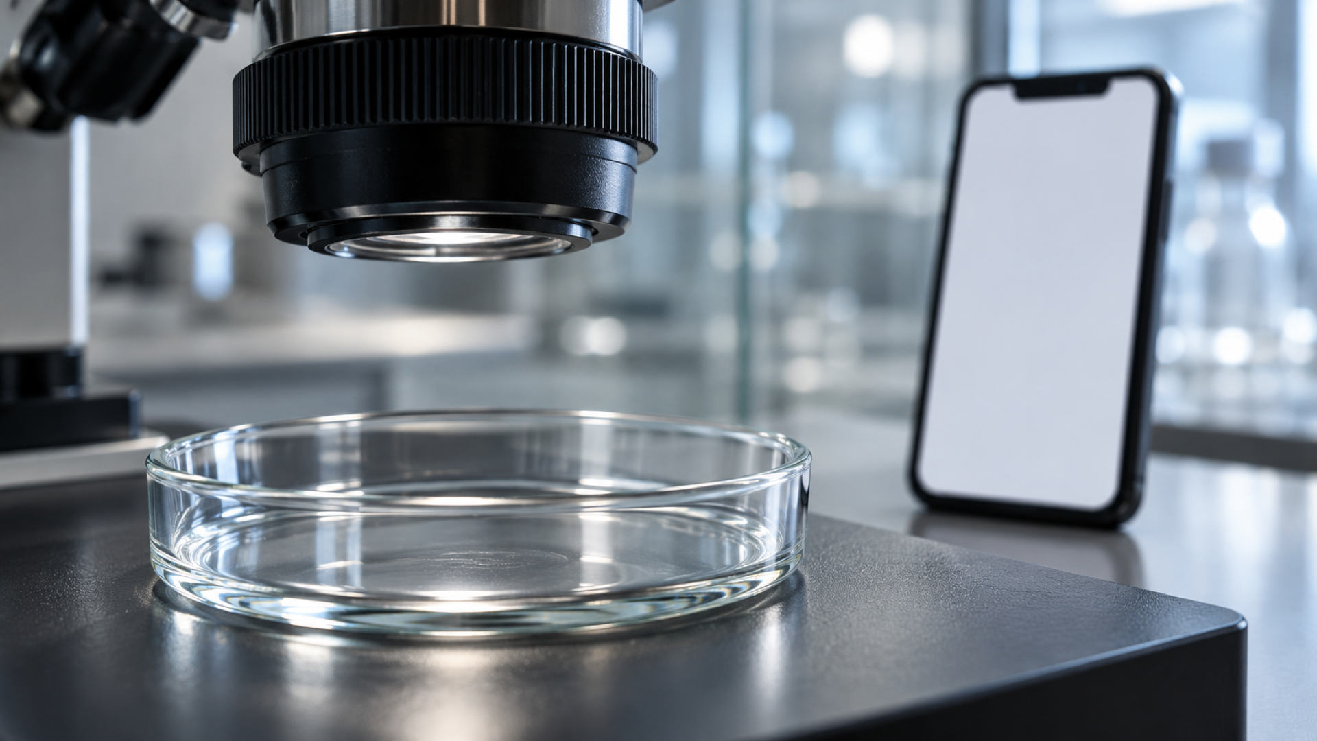 Ilustração simbólica de uma placa de laboratório vazia sob uma lente de análise, com um telemóvel de ecrã sem conteúdo ao fundo.