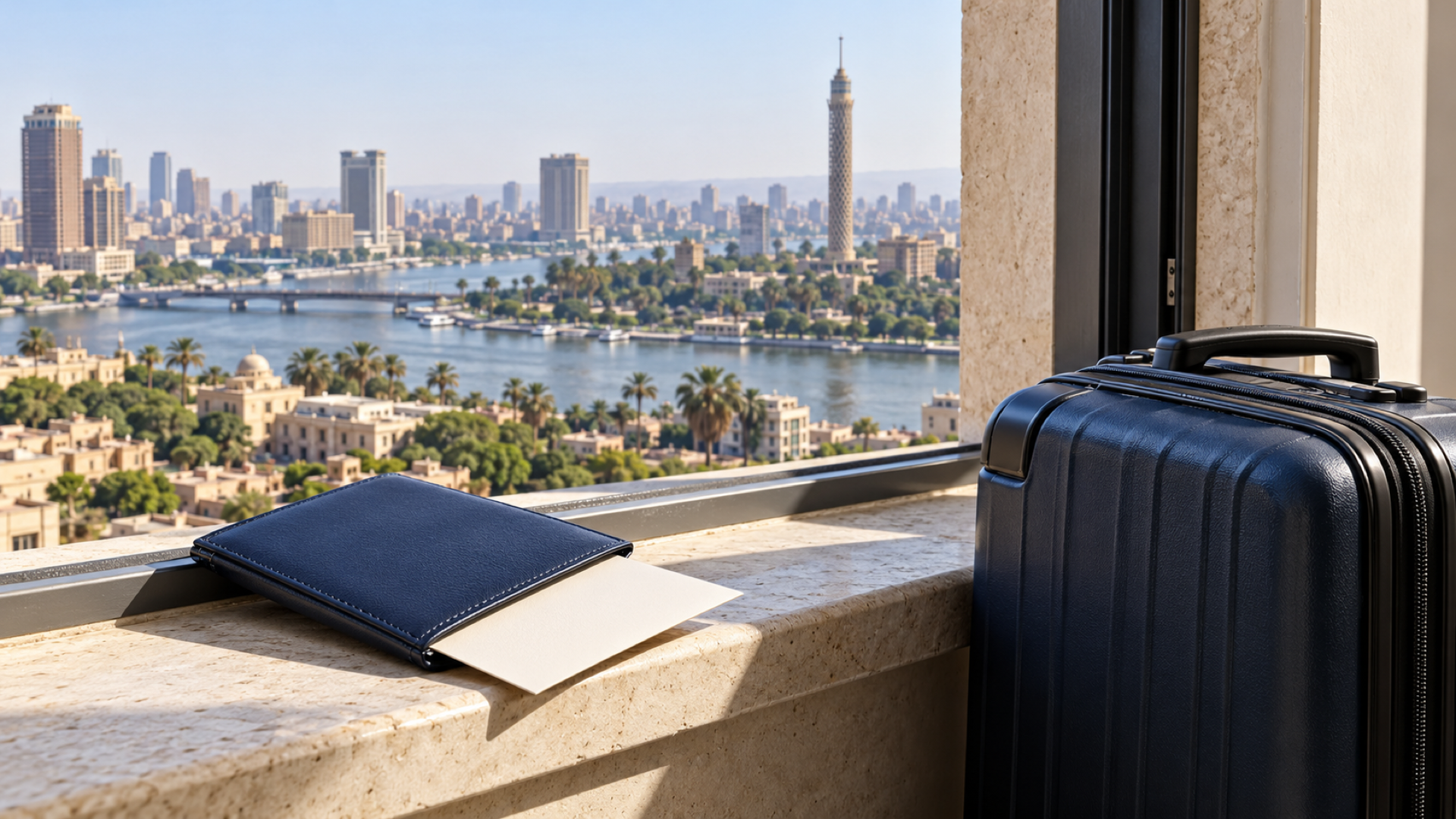 Ilustração simbólica de uma carteira de documentos e uma mala de viagem junto a uma janela com vista para o Cairo e o rio Nilo.